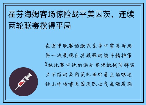 霍芬海姆客场惊险战平美因茨，连续两轮联赛揽得平局